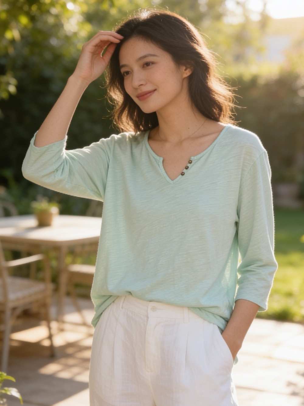 Fresh Produce Women’s Light Mint Button-Accent Women's Top size 1X